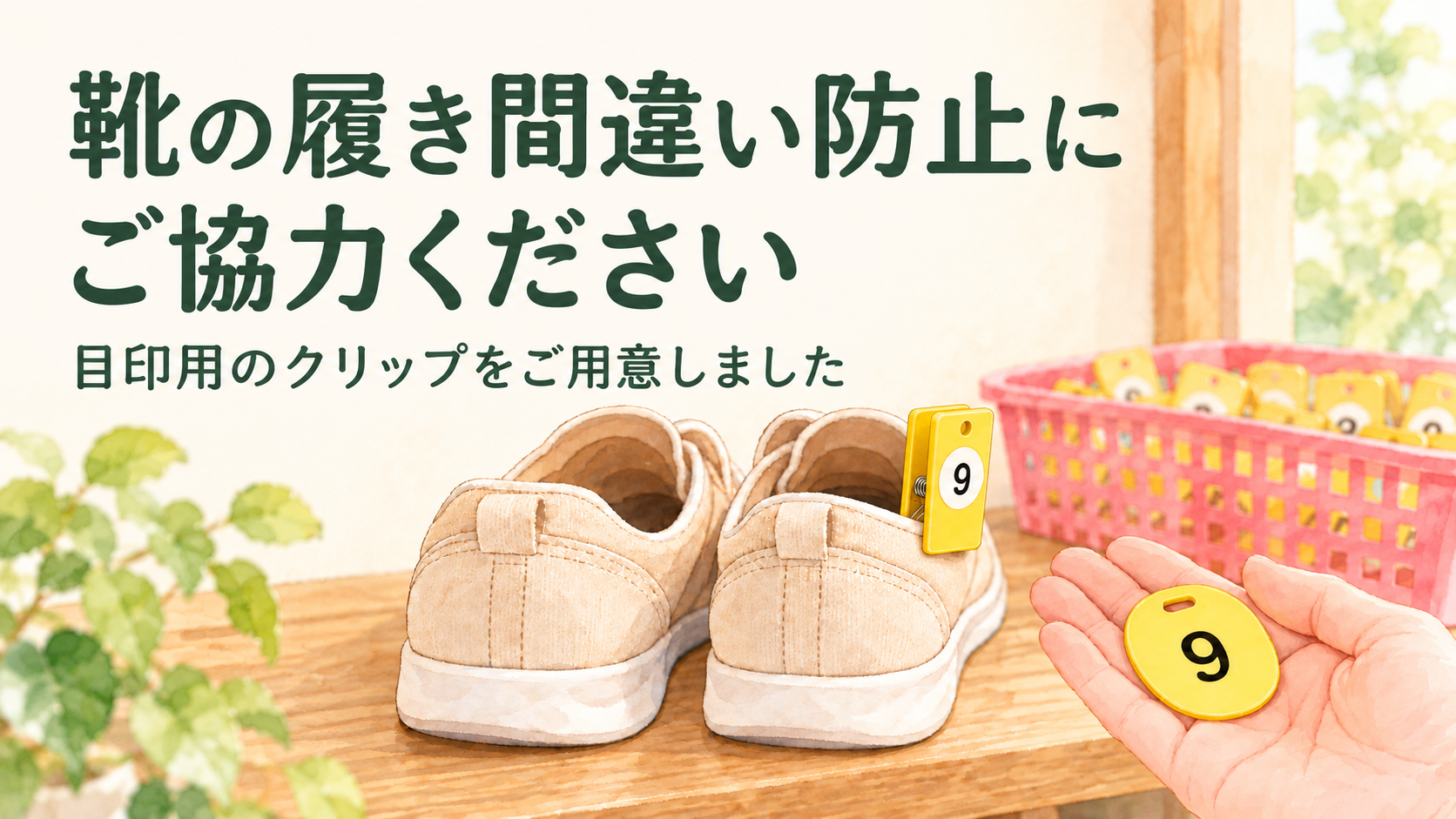 靴の履き間違い防止を呼びかける、番号付きクリップと確認用札のイラスト